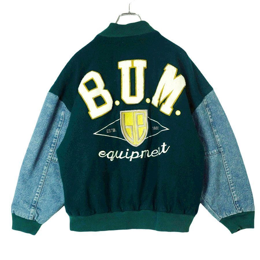 B.U.M Wool Stadium Jacket Denim Patch Embroidery Green Lining Size L