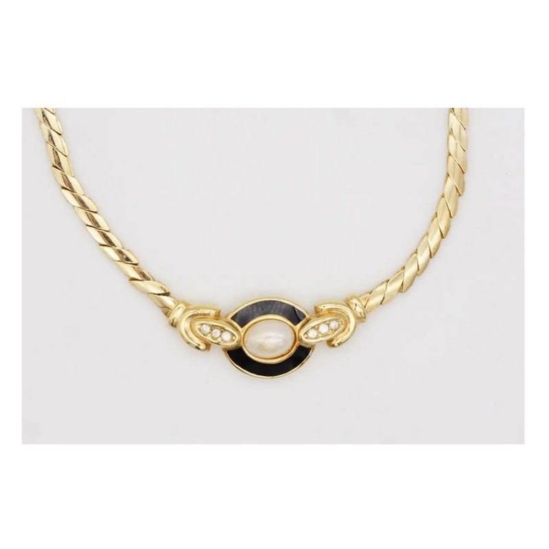Vintage 1970s Dior Oval Pearl Black Enamel Crystal Necklace