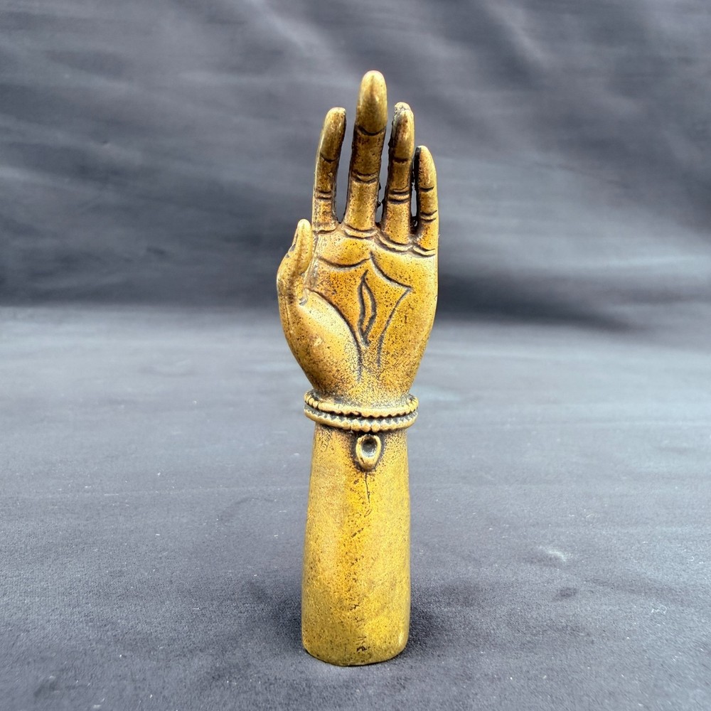 Old Tibetan Buddhist Copper Buddha Hand Statue, Abhaya Mudra Protection Amulet