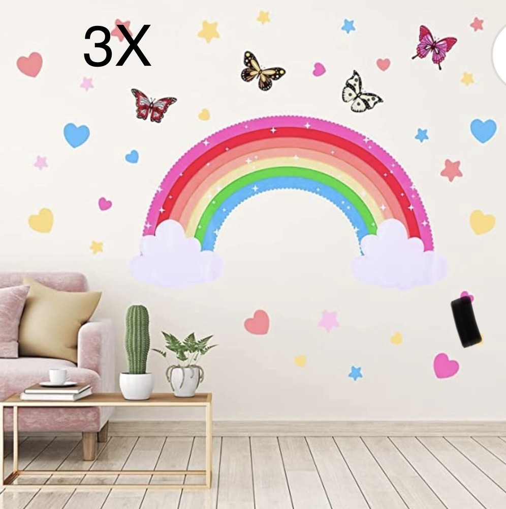 3 Pack - Rainbow Wall Decals Removable Star Butterfly Heart Vinyl Girls Bedroom