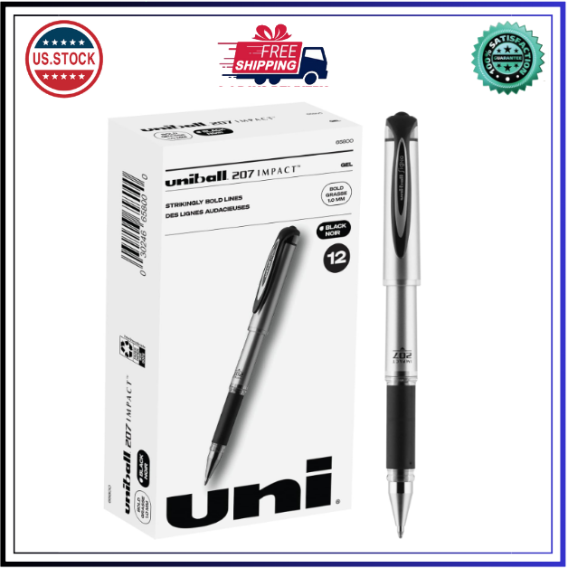 Uniball Signo 207 Impact Stick Gel Pen, 12 Black Pens, 1.0mm Bold Point Gel Pens