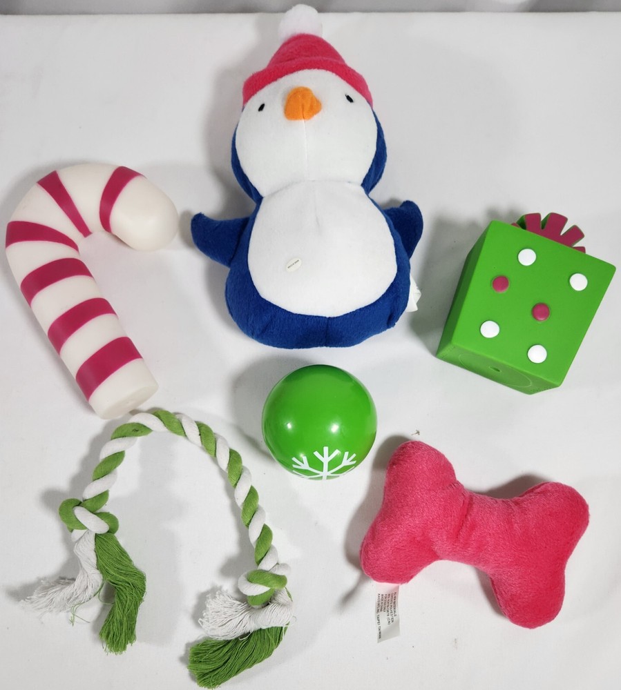 Christmas Dog Toy Penguin Plushy/Rubber Gift Candycane Chewy Toys Set Of 6