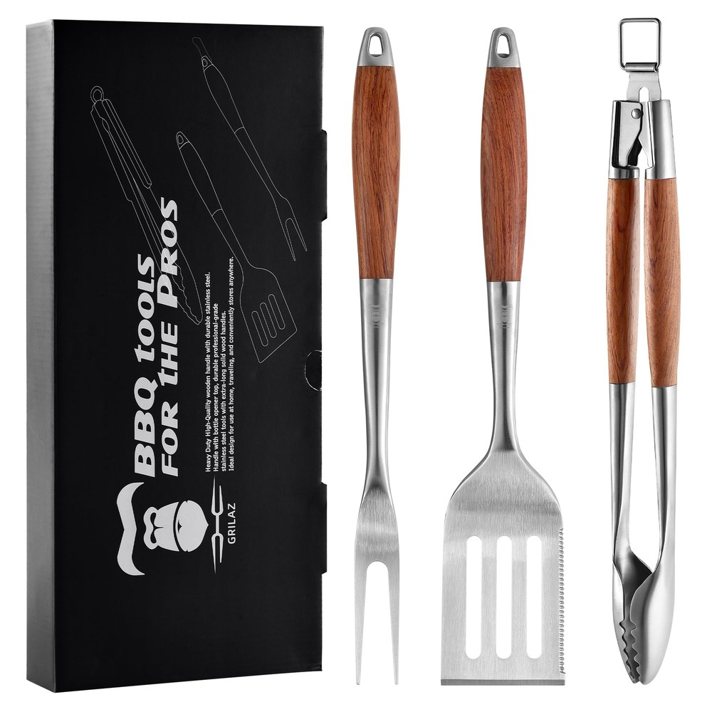 Heavy-Duty Rose Wooden BBQ Grilling Tools Set. Extra Thick Stainless Steel Mu...