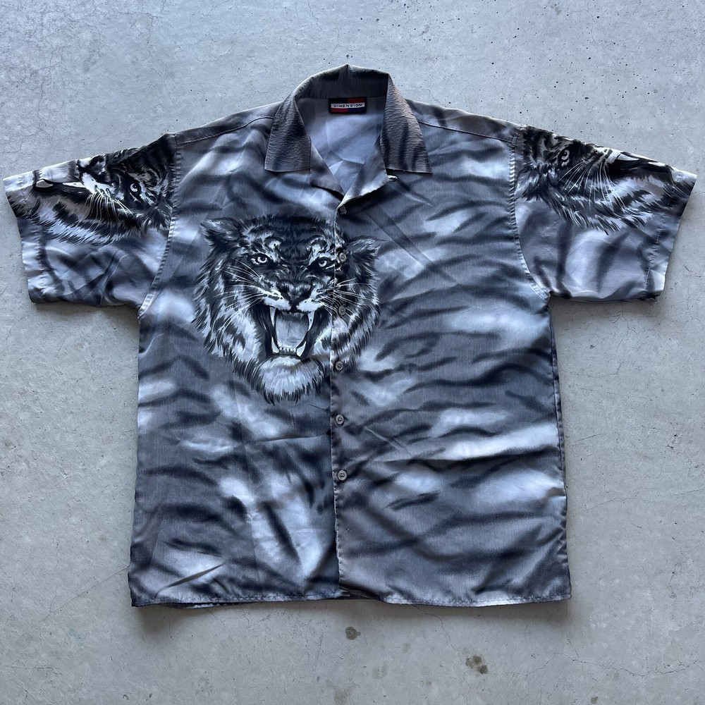 Y2K VTg Dimension Shirt Men’s XL Tiger Gray Jungle AOP Graphic Print Button Up