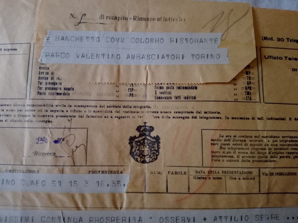 1927 Telegram from Attilio Segre Historical Document
