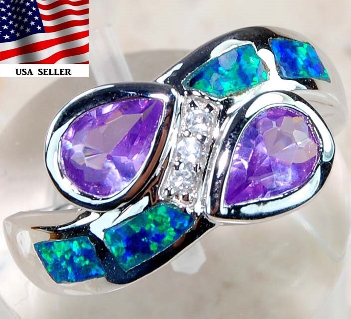 2CT Amethyst Australian Opal Inlay Sterling Silver Ring Size 6 BA3 Jewelry