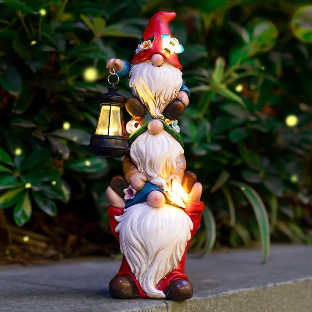Solar-Powered Funny Triple Gnome Garden Statue Outdoor Decor