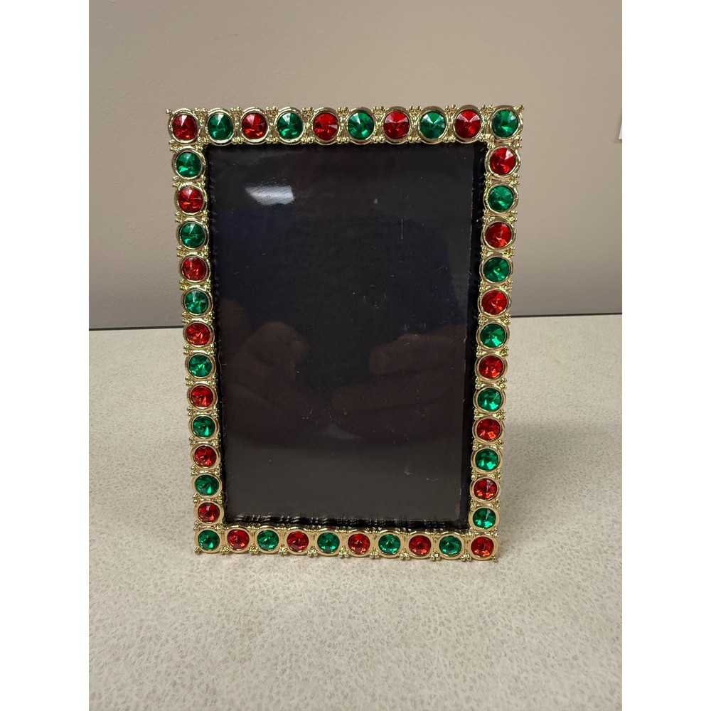Vintage Gold Picture Frame Red Green Rhinestone Embellished Tabletop Display