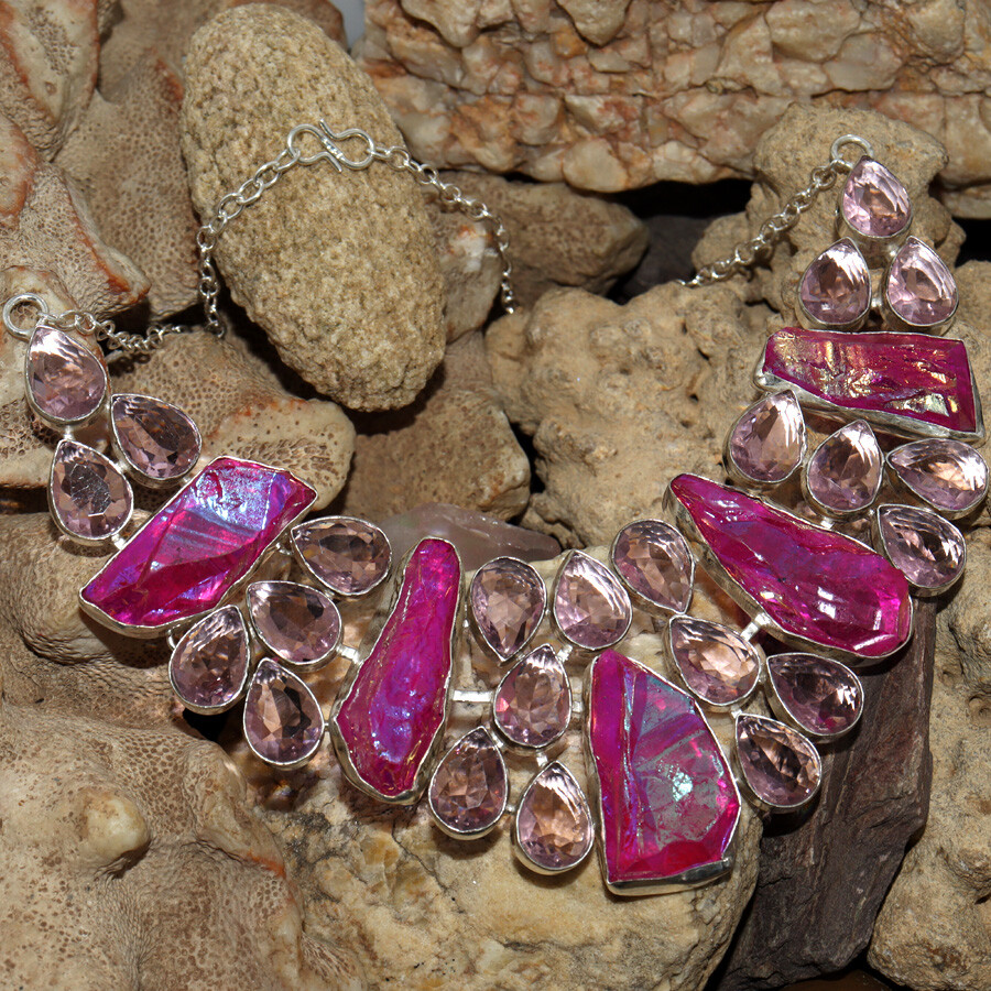 80gms Pink Titanium Aura Quartz Pink Kunzite Big Cluster Necklace 16