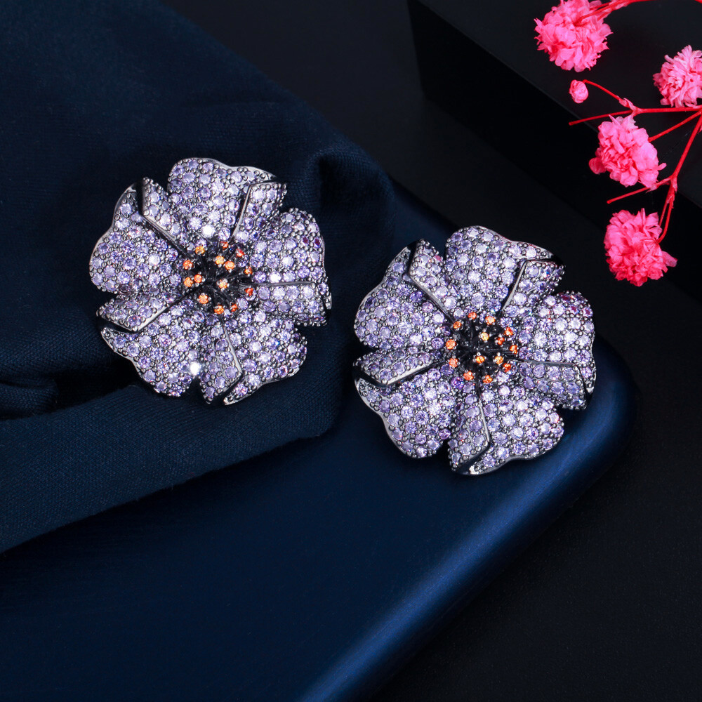 Cute Mirco Pave Black Gold Purple CZ Women Party Large Flower Stud Earrings Gift