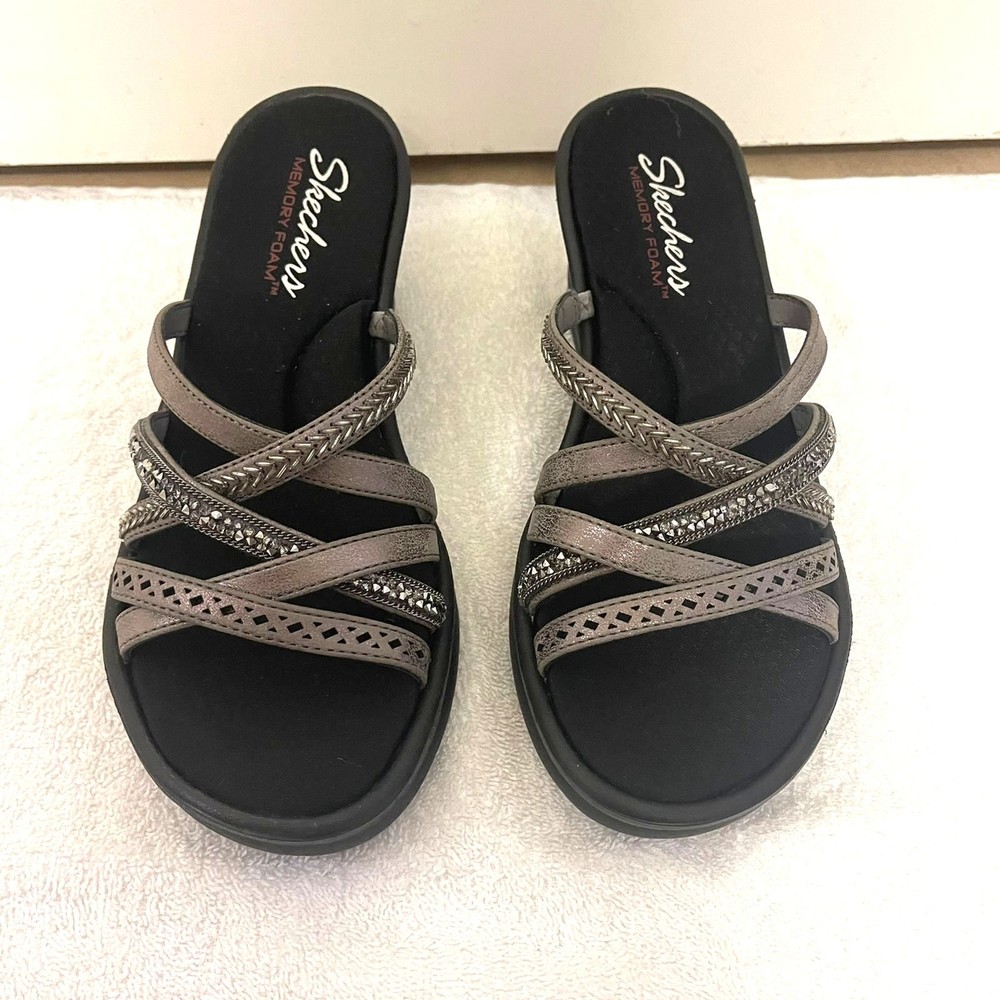 Skechers Women's Wedge Heels Shoes Strappy Slide Memory Foam Sandals Size 7