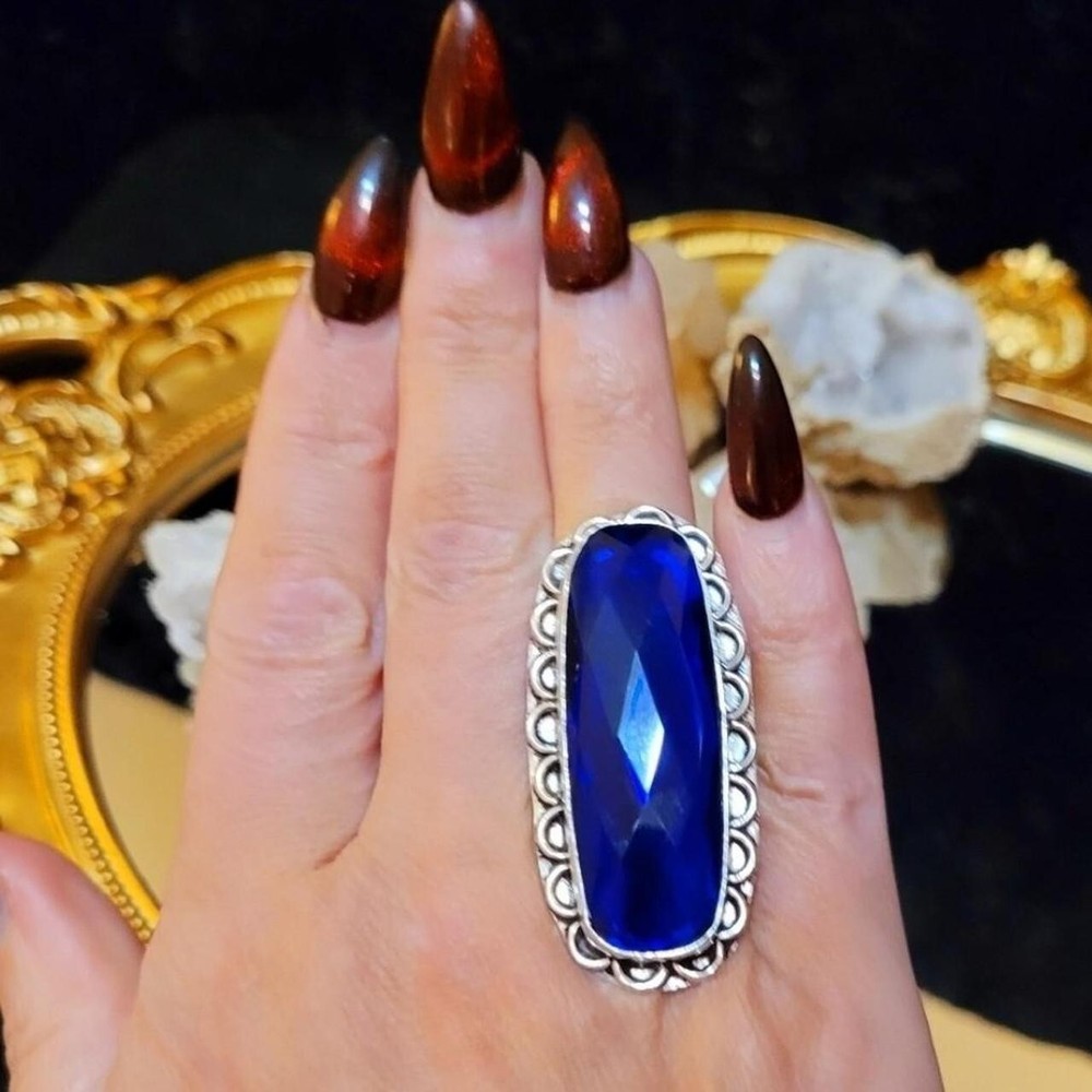 Vintage Faceted Blue Sapphire Sterling Silver Statement Ring Sz 8