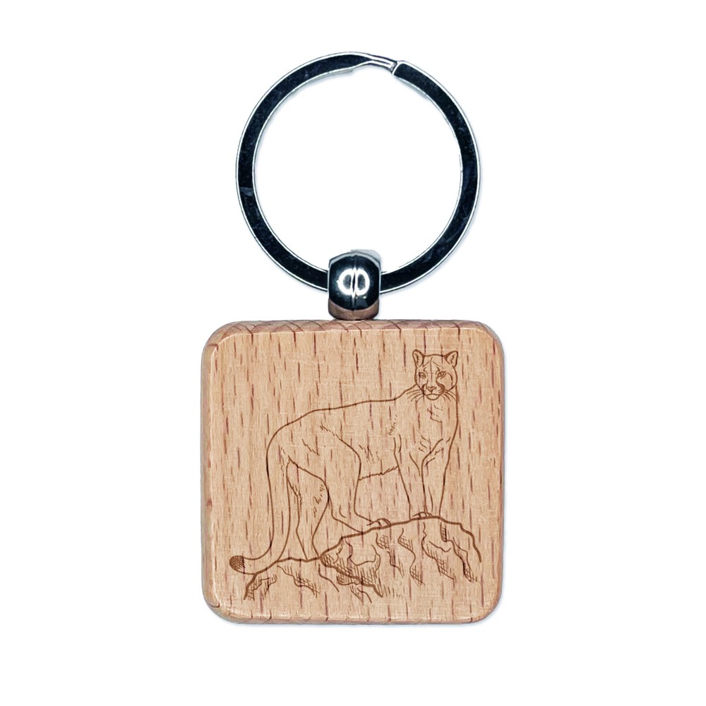 Proud Cougar Mountain Lion Engraved Wood Square Keychain Tag Charm