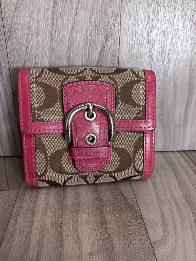 Coach Signature Tri-Fold Wallet with Buckle Front & Pink Trim 4x3.5 Inch