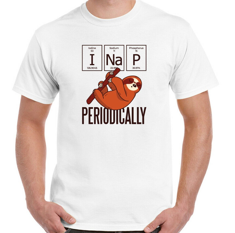 SLOTH T-SHIRT Nap Periodically Periodic Table Funny Chemistry Geek Nerd Mens Top