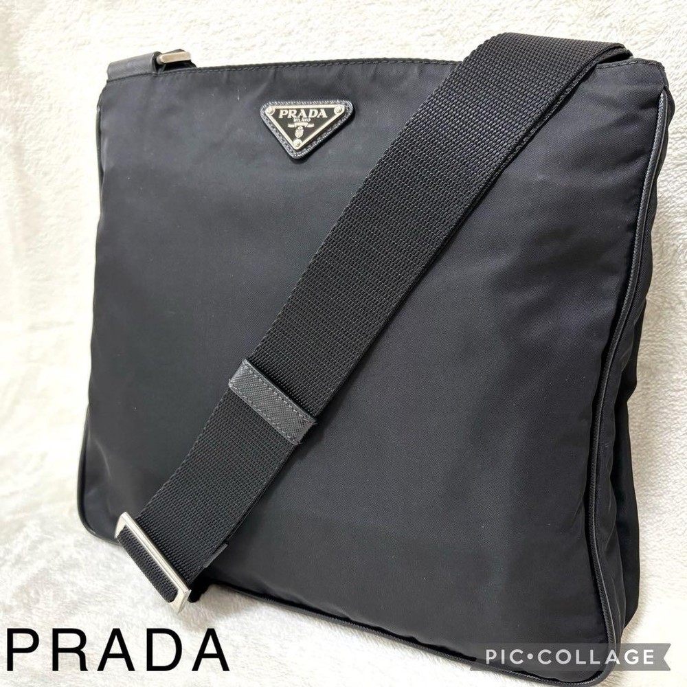 Prada Black Nylon Shoulder Bag with Triangle Logo and Back Pocket Made in Japan