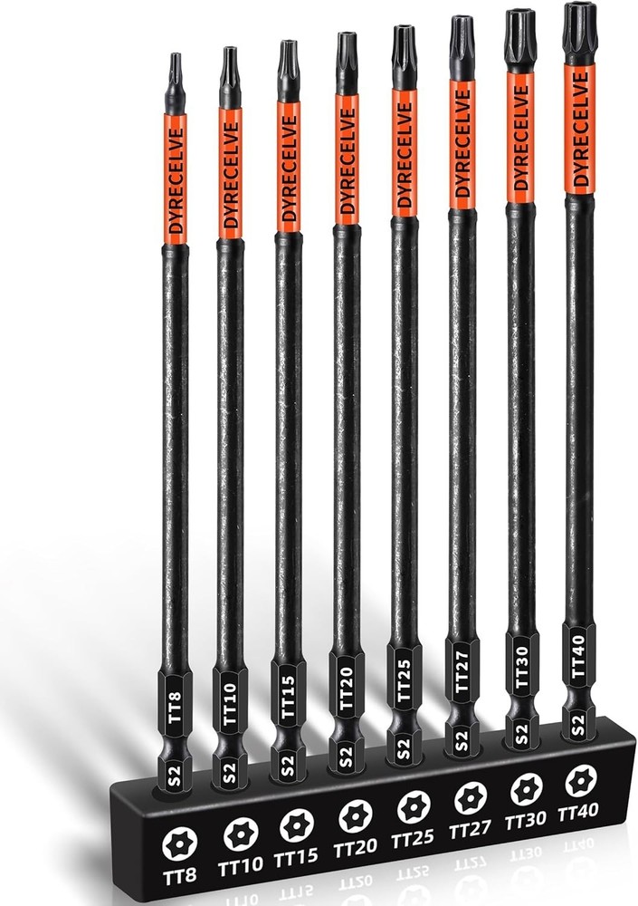 6 Inch Long Torx Bit Set 8-Pack, Impact Torx Bits (T8 to T40), Magnetic Security