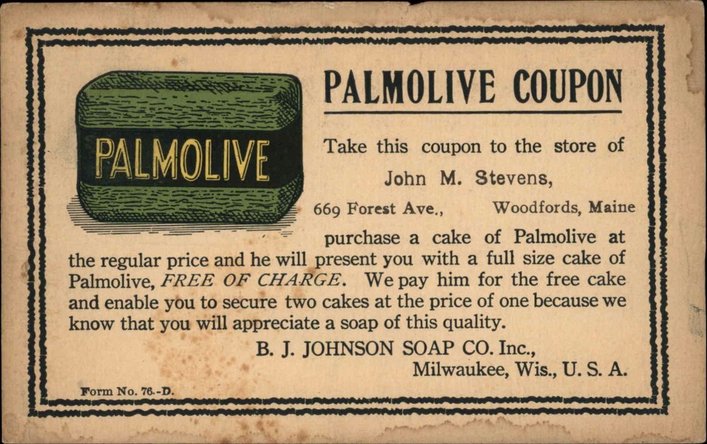 MILWAUKEE WI Palmolive Soap Coupon AD BJ Johnson Co Antique Postcard-image