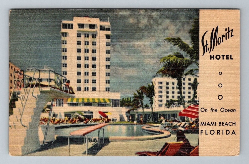 Miami Beach FK-Florida St. Moritz Hotel Pool Scene Antique Vintage Postcard