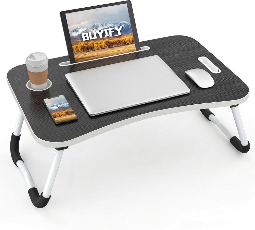 Foldable Lap Desk Bed Tray Table with Cup Holder & Tablet Slot Black