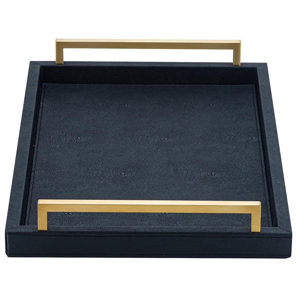 Black Faux Leather Serving Tray with Brushed Gold Handles 17x12 Inches