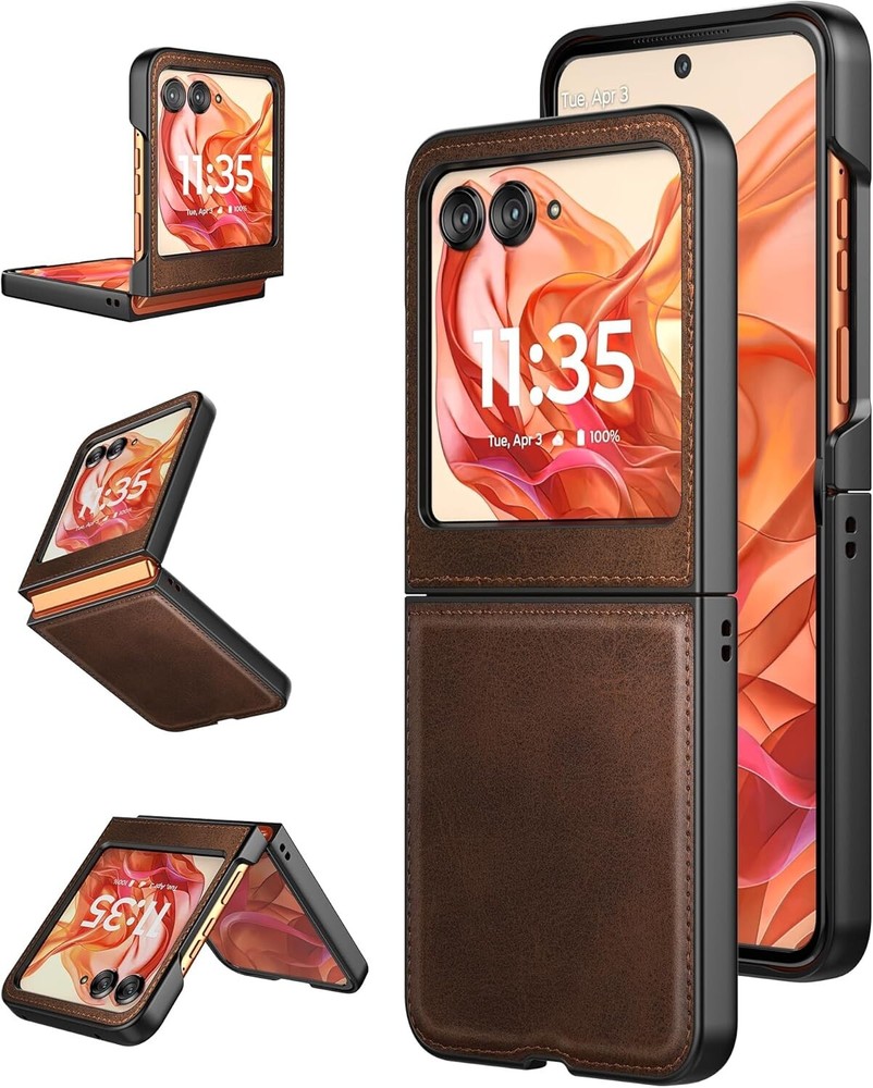 For Motorola Razr 2024 Leather Case with Hard PC Durable Protective Cover Brown