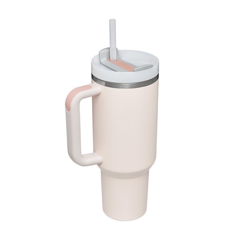 40oz Insulated Tumbler with Handle and Straw in Soft Beige Color