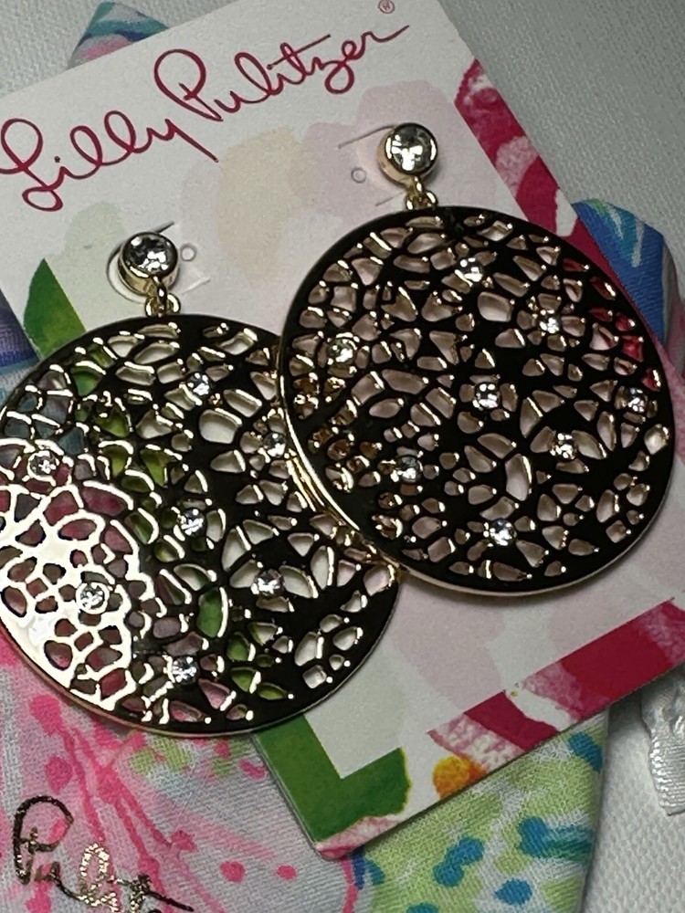 Lilly Pulitzer Devine Gold Metallic Drop Earrings with Lace Round Crystal Studs New With Tags