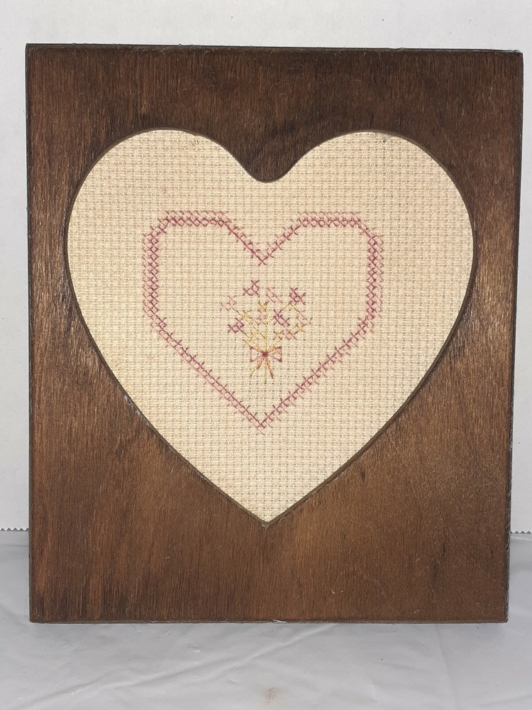Vtg Handmade Rustic Wood Heart Frame Cross Stitch Heart Boho Country