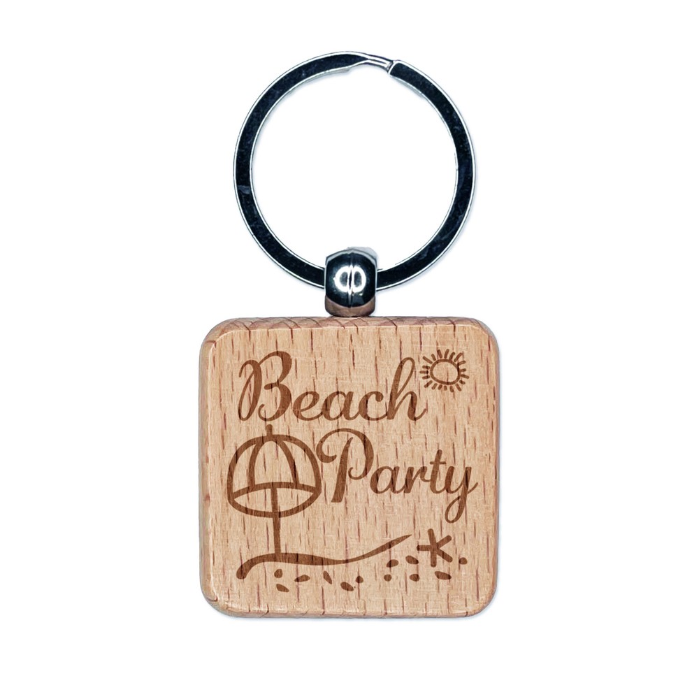 Beach Party Tropical Ocean Sun Sand Engraved Wood Square Keychain Tag Charm