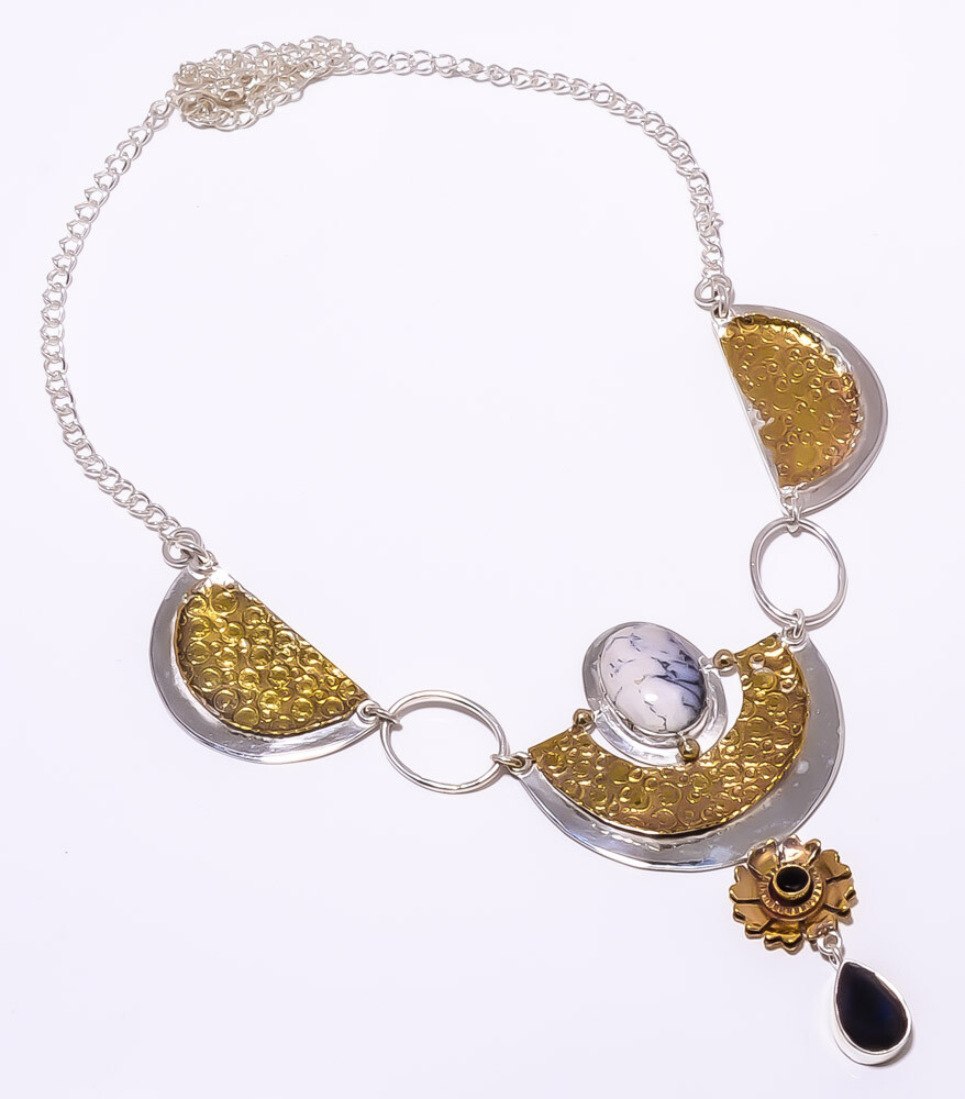 Dendritic Opal Gemstone 925 Sterling Silver Two Tone Necklace 16.17.99
