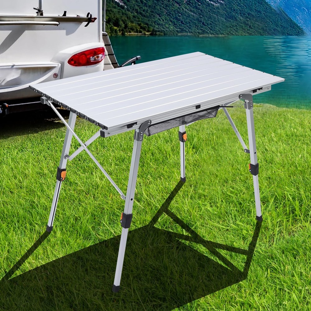 Compact Adjustable Aluminum Folding Camp Table with Roll-Top Design