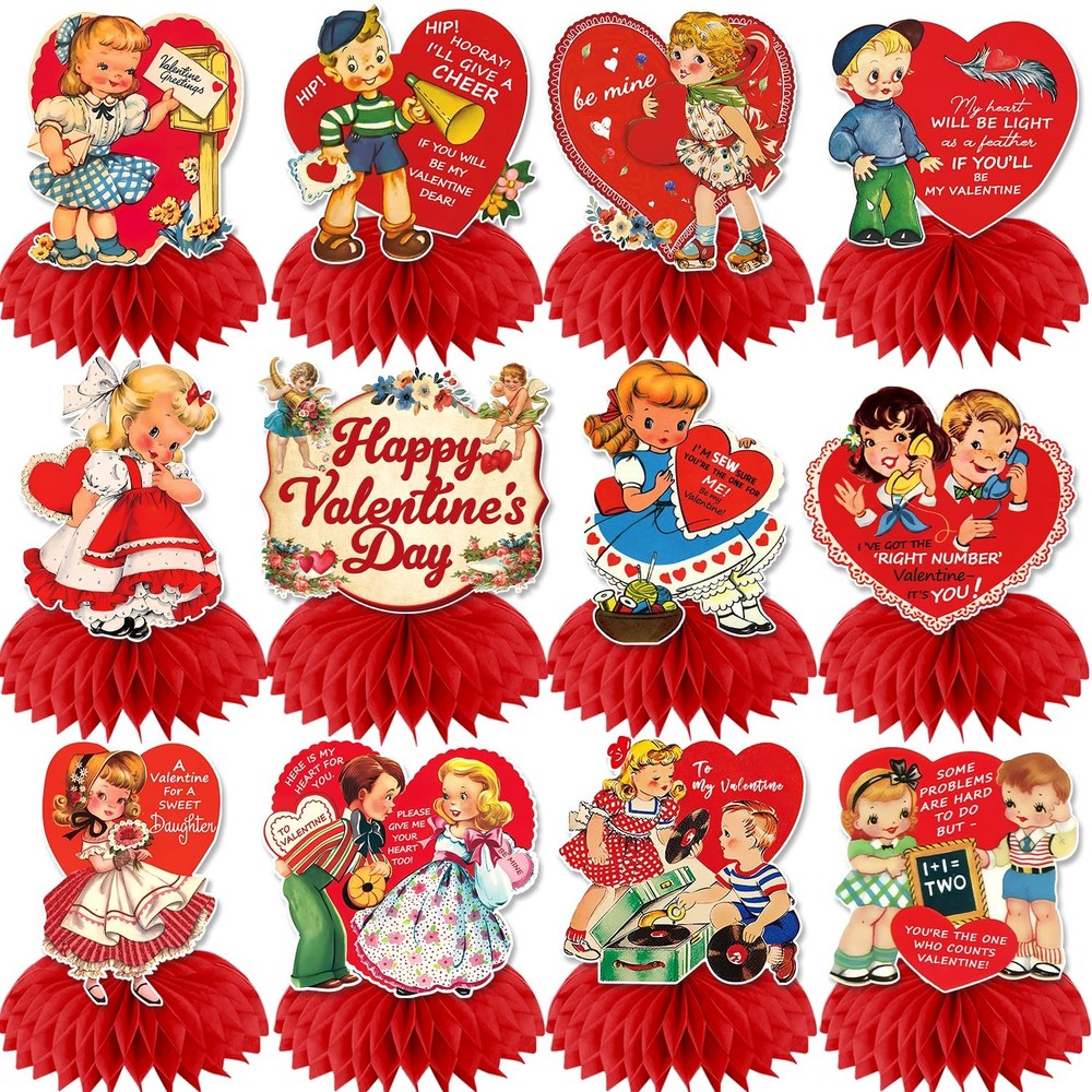 Vintage Valentine Decorations, 12pcs Valentines Day Honeycomb Red