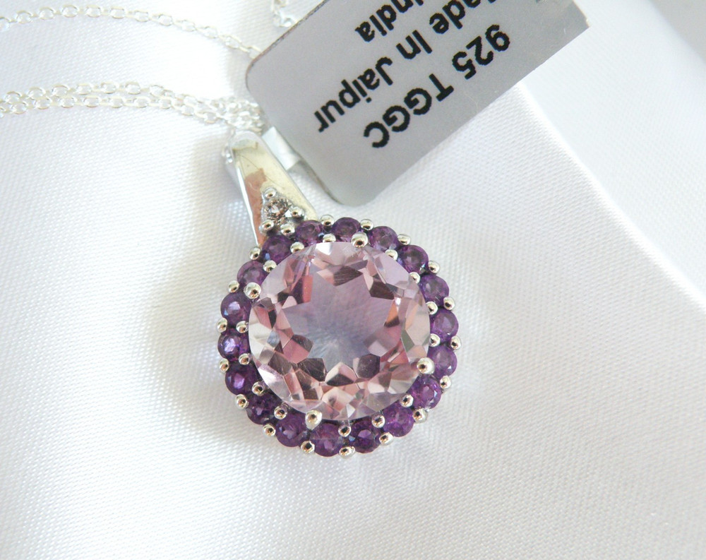 Sterling Silver 925 Natural Heated Pink Amethyst Halo Pendant Necklace