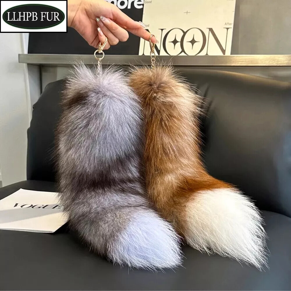 40cm Long Real Silver Blue Fox Fur Tail Real Fox Fur Keychain Cosplay Toys