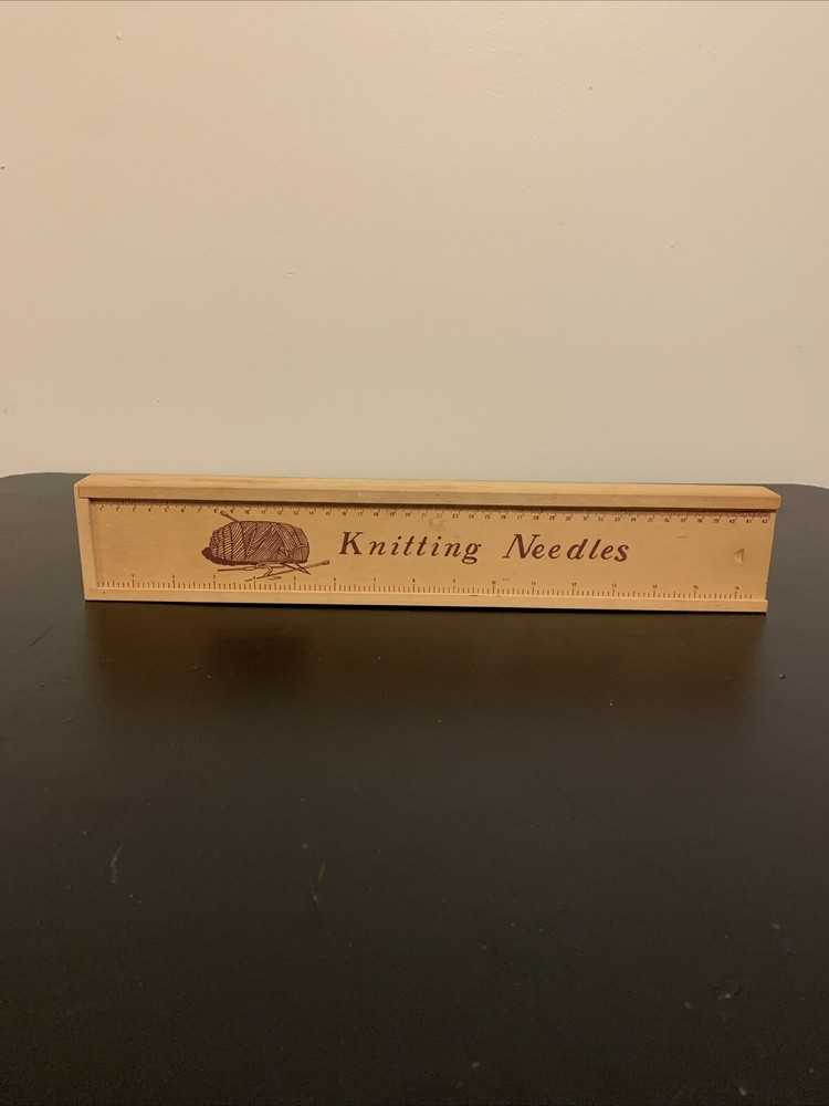 Vintage Knitting Needles Wooden Box With A Sliding Lid W/engrained Ruler 17”