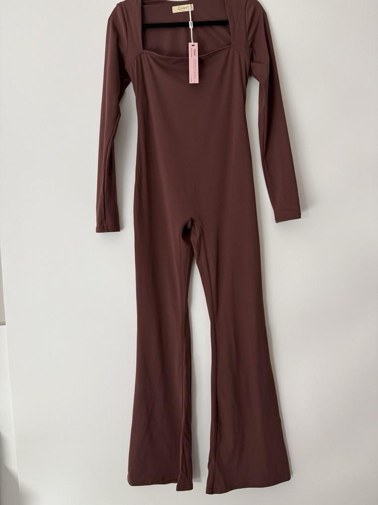 QINSEN Jumpsuits for Women Square Neck Wide Leg Full Length Romper Playsuit Sz S