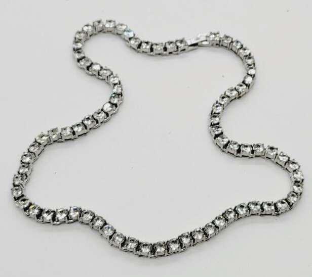 Crystal Rhinestone Tennis Necklace Silver Tone Chunky Statement 17.5 Inches