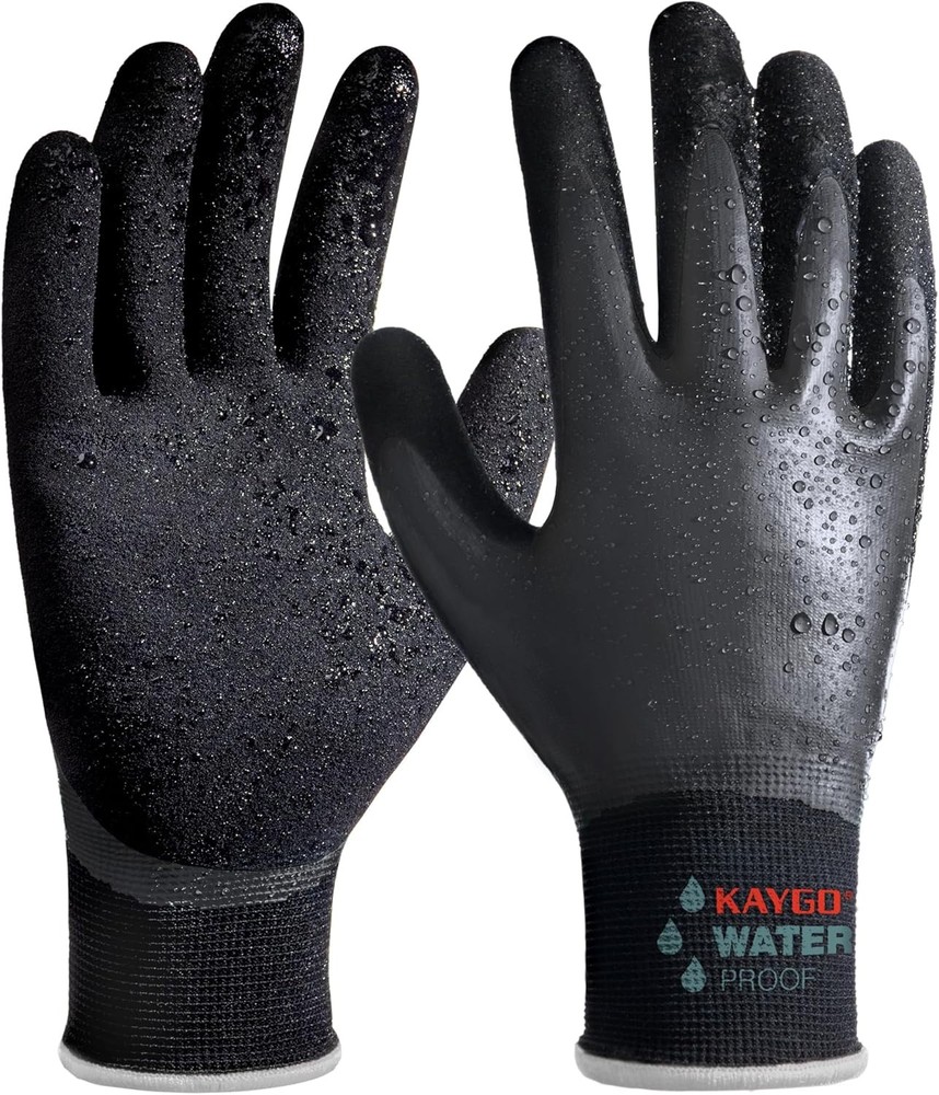 KAYGO Waterproof Rubber Coated Work Gloves for Men Women X-Large Black Durable Grip