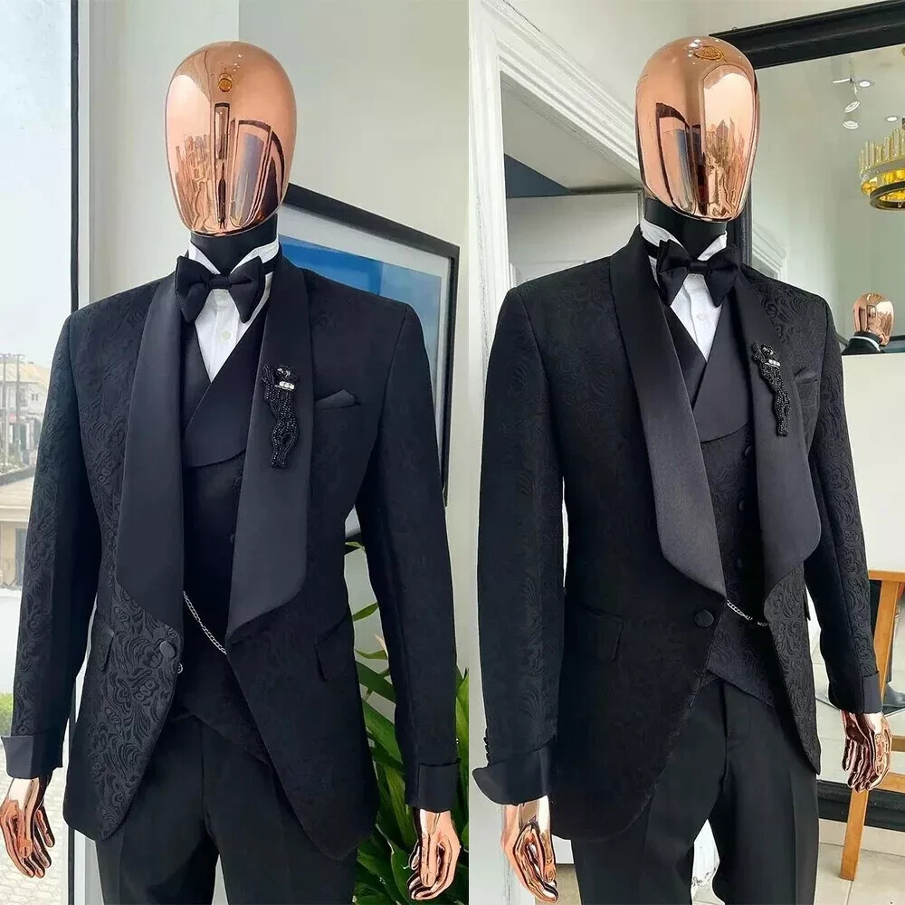 Gentleman Jacquard Suit Set with Brooches 3-Piece Slim Fit for Formal Events