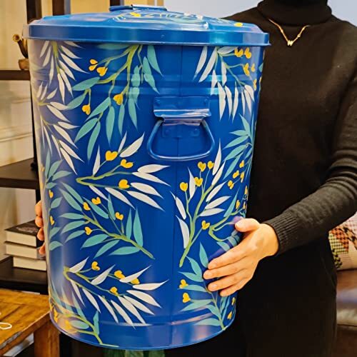 Hand Painted Metal Trash Can with Lid Recycling Canister Storage Blue flower