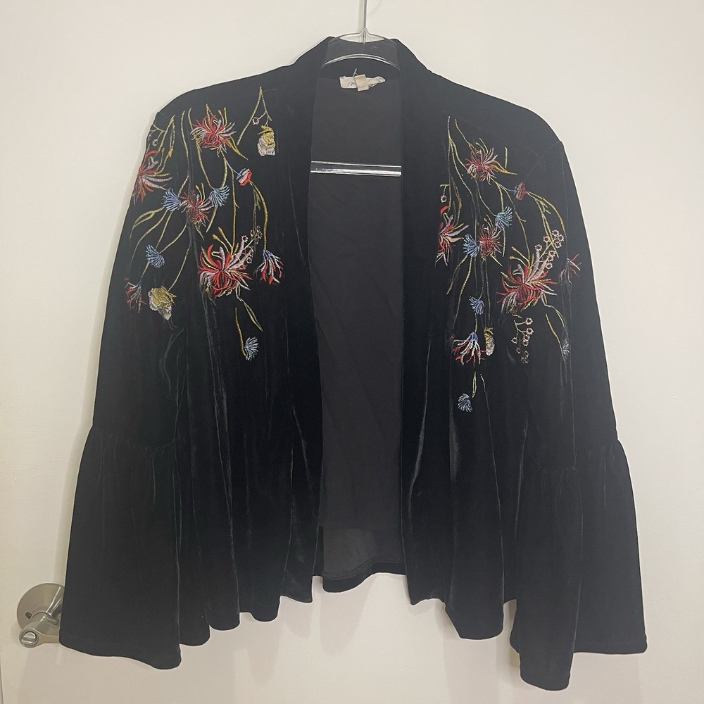 Mystree Open Front Kimono Jacket Black Velvet Embroidered Bell Sleeve S