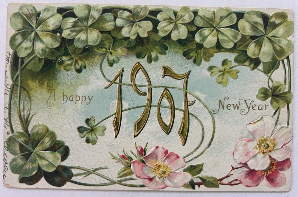 Embossed New Years 1907 Antique Postcard | Clovers Flowers | Art Nouveau-image