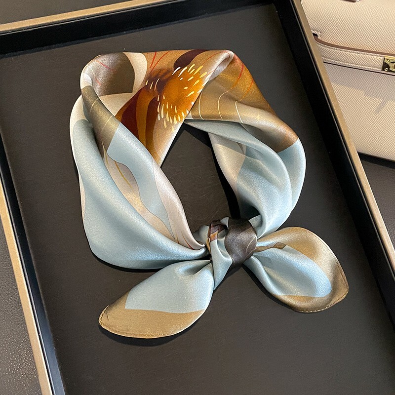 Vintage Cyan Floral Pure Silk Scarf for Women - Head Bandana Kerchief Turban 53cm