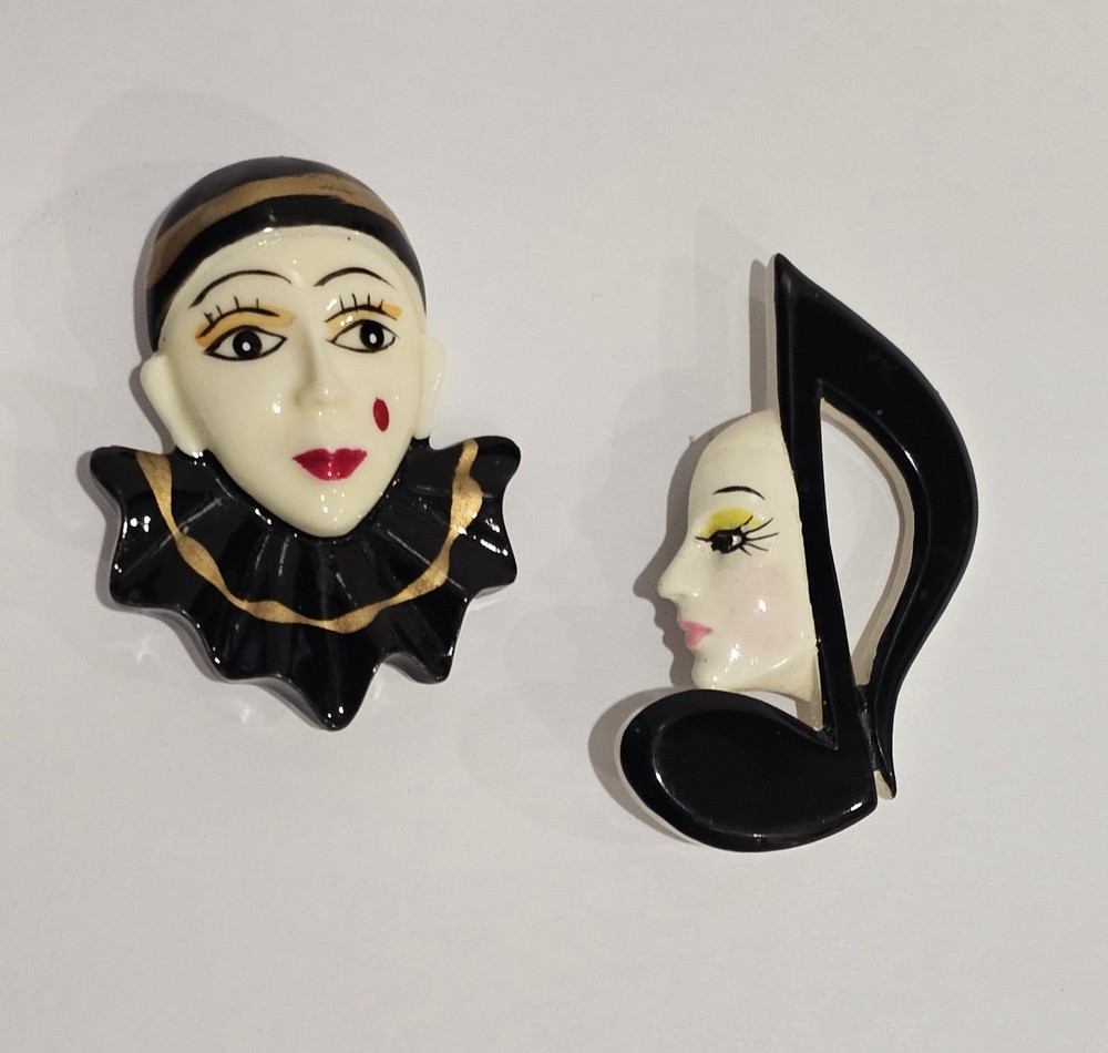 Vintage Harlequin Clown & Music Note Face Brooches Set For $13 Each
