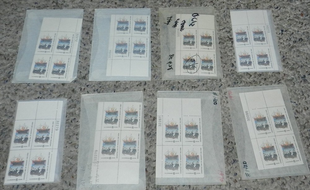 Unused Stamp lot of 8 Scott #1420 Landing of the Pilgrims - 6 cent Plate Blocks