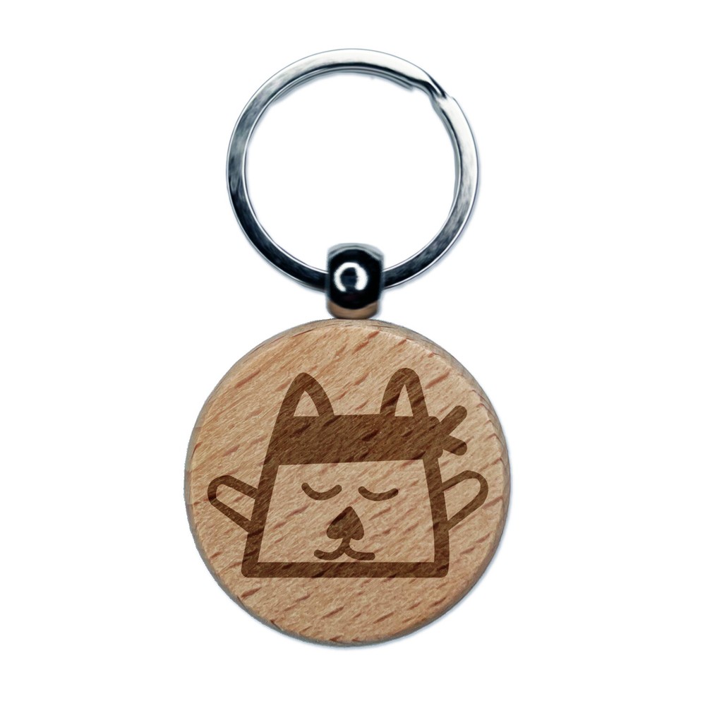 Ninja Kitty Cat Doodle Engraved Wood Round Keychain Tag Charm