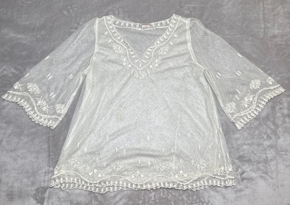 Sundance Womens Floral Embroidered Lace Eyelet Blouse 3/4 Sleeves Size S