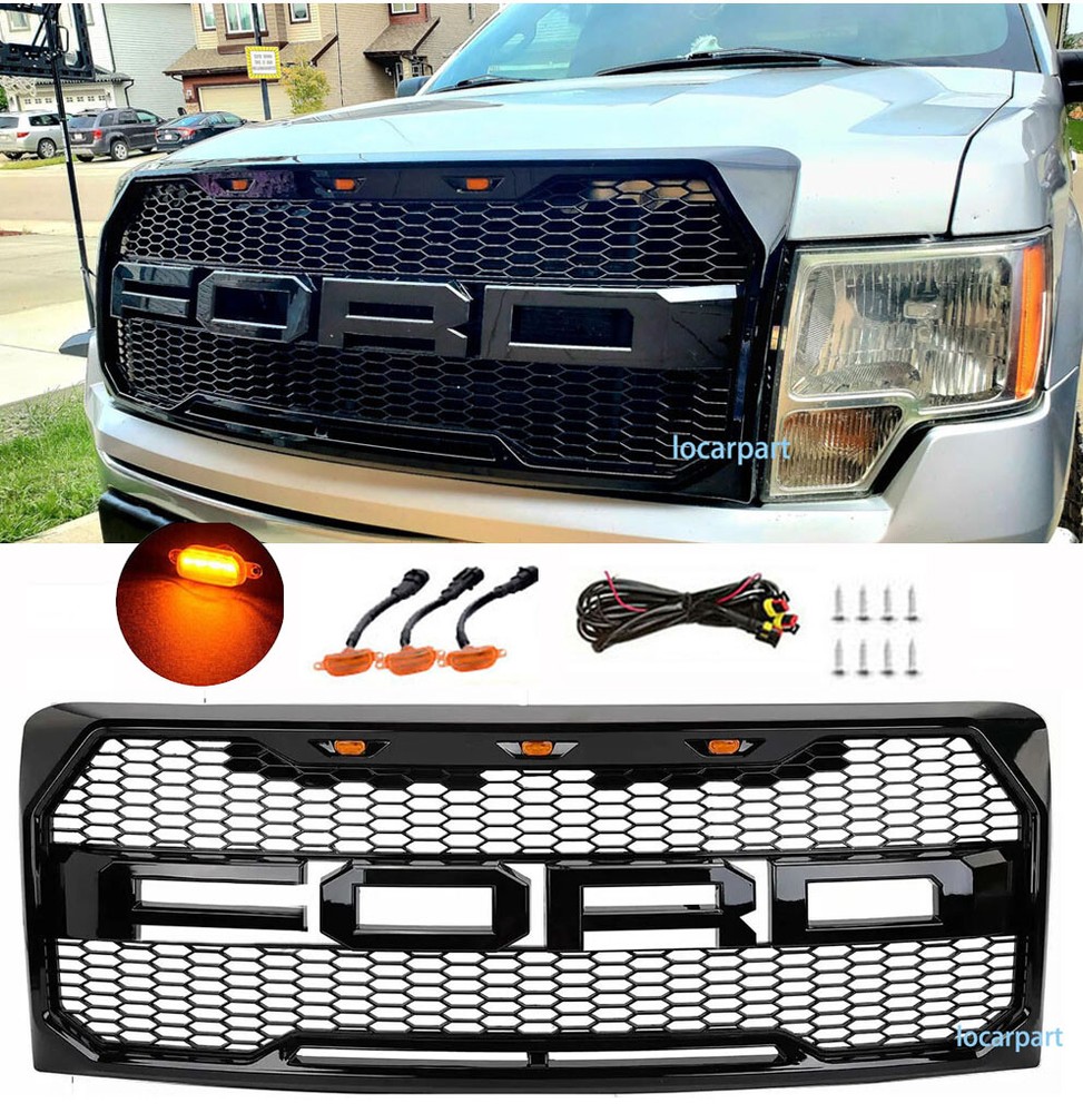 Grille For For-d F150 Grill 2009-2014 Honeycomb Grille w/Letter&LED Gloss Black