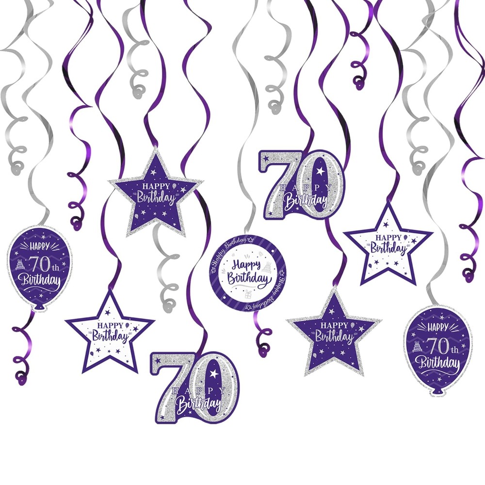 Nelbiirth Happy 70th Birthday Purple & Silver Glitter Swirls Streamers Party ...